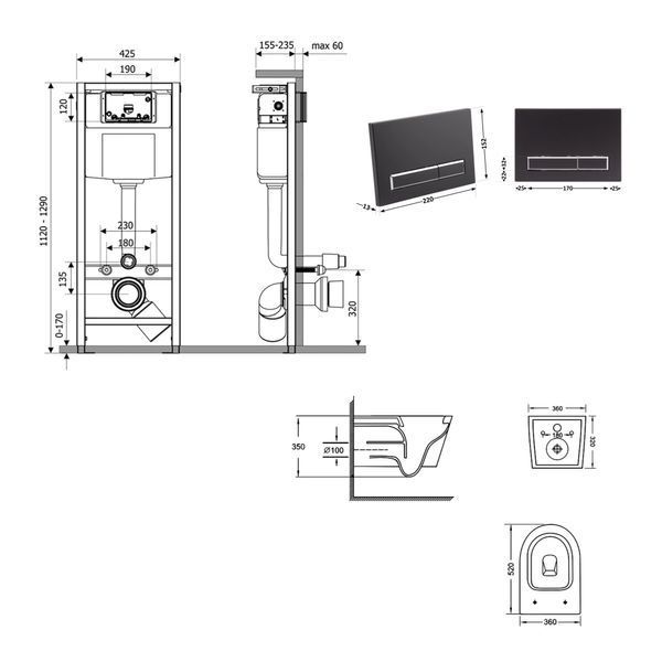 Готове рішення Qtap для ванної кімнати: підвісний унітаз Jay Ultra Quiet 520x360x320 + комплект інсталяції Nest 4 в 1 (лінійна клавіша Matt Black) SD00054319 фото