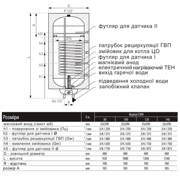 Водонагрівач електричний комбінований Thermo Alliance Neptun вертикальний 100 л. т.о. 0,6 кв.м лівий, мокрий ТЕН 1,5 кВт (CWH 10048 8S L) SD00052257 фото