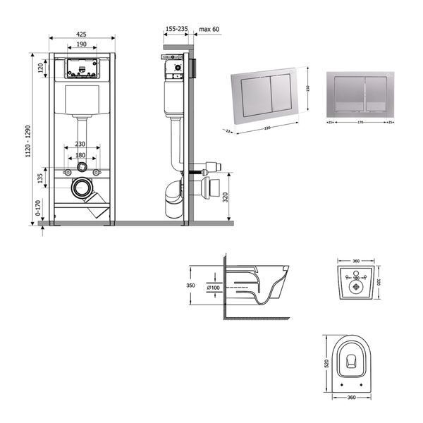 Готове рішення Qtap для ванної кімнати: підвісний унітаз Jay Ultra Quiet 520x360x320 + комплект інсталяції Nest 4 в 1 (квадратна клавіша Satin) SD00054328 фото