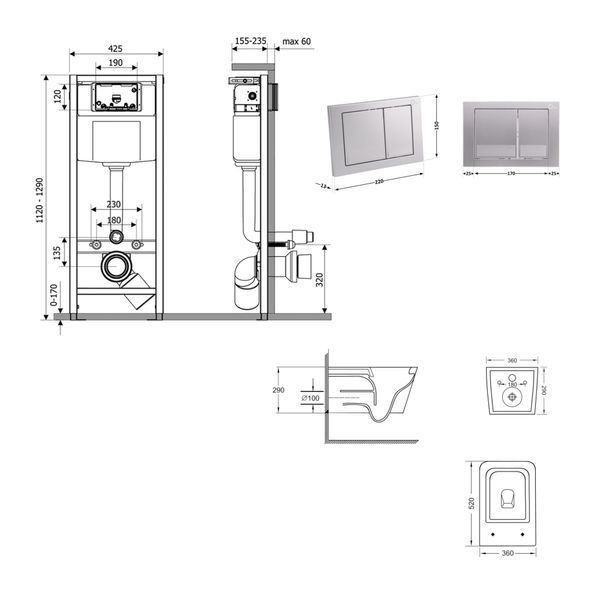 Готовое решение Qtap для ванной комнаты: подвесной унитаз Crow Ultra Quiet 520&times;360&times;290 + комплект инсталляции Nest 4 в 1 (квадратная клавиша Satin) SD00054329 фото