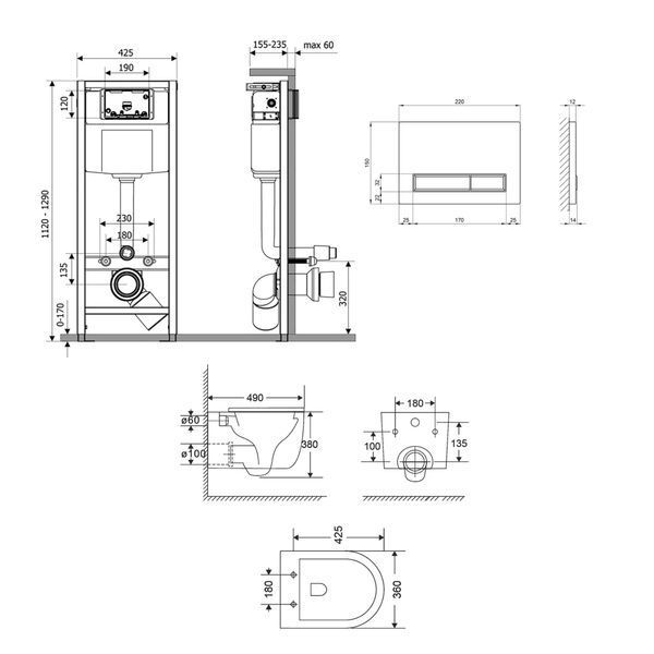 Готовое решение Qtap для ванной комнаты: подвесной унитаз Taurus Ultra Quiet 485&times;360&times;350 + комплект инсталляции Nest 4 в 1 (линейная клавиша Satin) SD00052271 фото