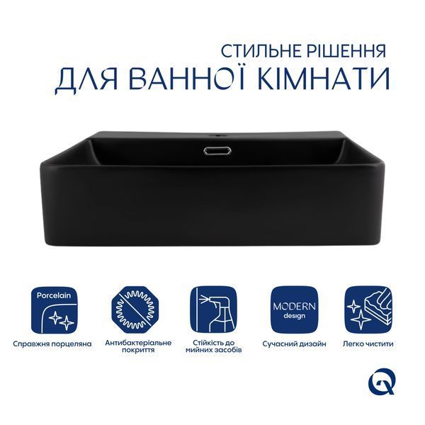 Комплект Qtap Nando LT: Раковина подвесная прямоугольная 500х420х130 мм Matt Black + Донный клапан PU03O SD00053446 фото