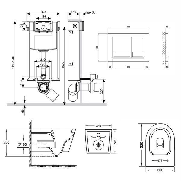 Готовое решение Qtap для ванной комнаты: подвесной унитаз Jay Rimless 520х360х320 + комплект инсталляции Nest 4 в 1 (квадратная клавиша Chrome) SD00042999 фото