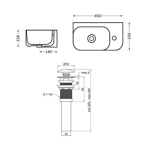 Комплект Qtap Tern: Раковина подвесная прямоугольная правая 450х250х158 мм White + Донный клапан PU02O SD00053452 фото