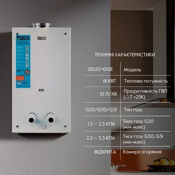 Колонка газовая дымоходная Thermo Alliance JSD20-10GE 10 л панель из стекла White SD00030726 фото
