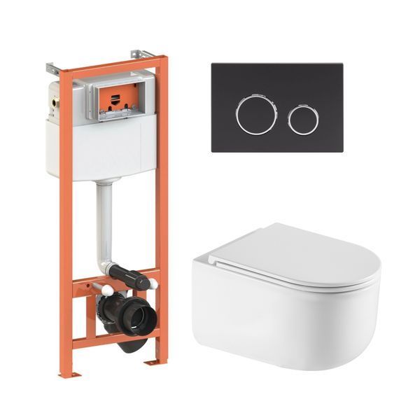 Готовое решение Qtap для ванной комнаты: подвесной унитаз Taurus Ultra Quiet 485&times;360&times;350 + комплект инсталляции Nest 4 в 1 (круглая клавиша Matt Black) SD00052278 фото