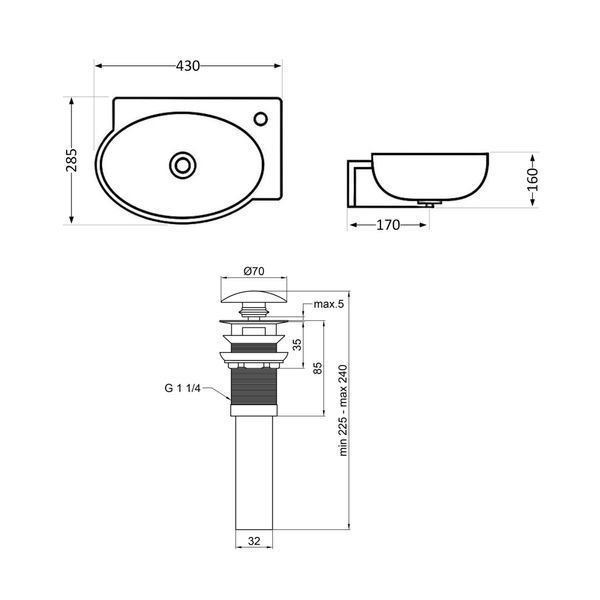 Комплект Qtap Leo: Раковина подвесная овальная правая 430x285x160 мм White + Донный клапан PU02O SD00053457 фото