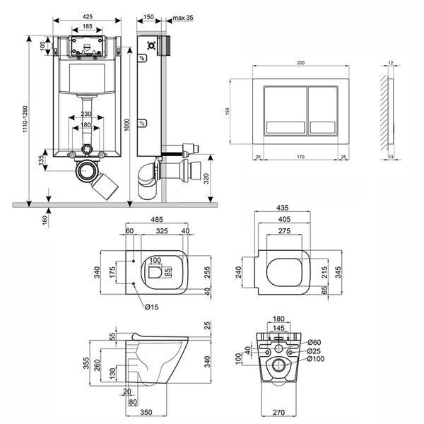 Готове рішення Qtap для ванної кімнати: підвісний унітаз Tern Rimless 490x340x350 + комплект інсталяції Nest 4 в 1 (квадратна клавіша Chrome) SD00043017 фото