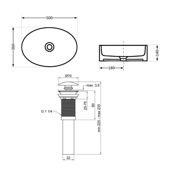 Комплект Qtap Kolibri: Раковина накладна овальна 500x360x140 мм White + Донний клапан PU02 SD00053435 фото
