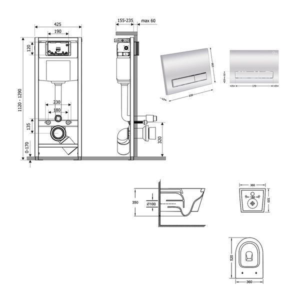 Готовое решение Qtap для ванной комнаты: подвесной унитаз Jay Ultra Quiet 520x360x320 + комплект инсталляции Nest 4 в 1 (линейная клавиша Chrome) SD00054322 фото
