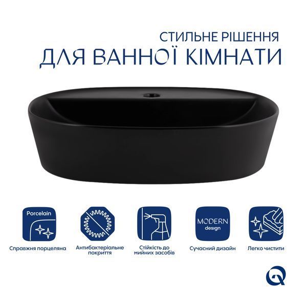 Комплект Qtap Scorpio: Раковина накладна овальна 500x380x120 мм Matt Black + Донний клапан PU03 SD00053436 фото
