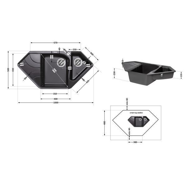Кухонна мийка з додатковою чашею Lidz 1000x500/225 BLM-14 (LIDZBLM141000500225) SD00044516 фото