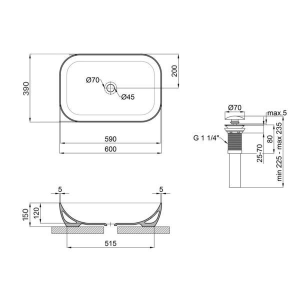 Комплект Qtap Robin: Раковина накладна прамокутна 600x390x150 мм White + Донний клапан PU02 SD00053421 фото
