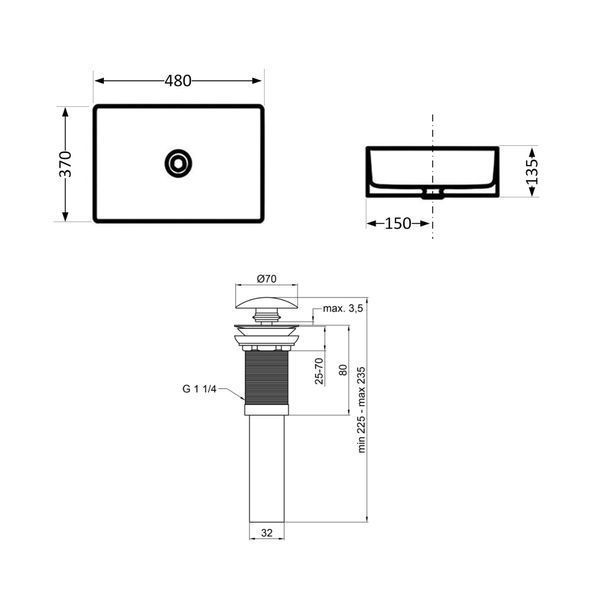 Комплект Qtap Tern: Раковина накладна прамокутна 480х370х135 мм White + Донний клапан PU02 SD00053425 фото