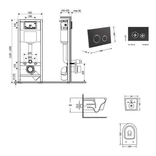 Готове рішення Qtap для ванної кімнати: підвісний унітаз Jay Ultra Quiet 520x360x320 + комплект інсталяції Nest 4 в 1 (кругла клавіша Matt Black) SD00054316 фото