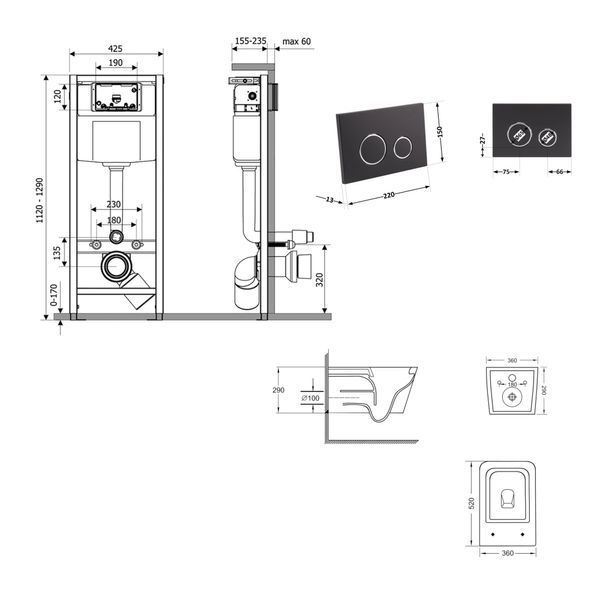 Готовое решение Qtap для ванной комнаты: подвесной унитаз Crow Ultra Quiet 520&times;360&times;290 + комплект инсталляции Nest 4 в 1 (круглая клавиша Matt Black) SD00054317 фото