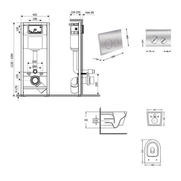 Готовое решение Qtap для ванной комнаты: подвесной унитаз Swan Ultra Quiet 520&times;360&times;320 + комплект инсталляции Nest 4 в 1 (круглая клавиша Chrome) SD00054327 фото